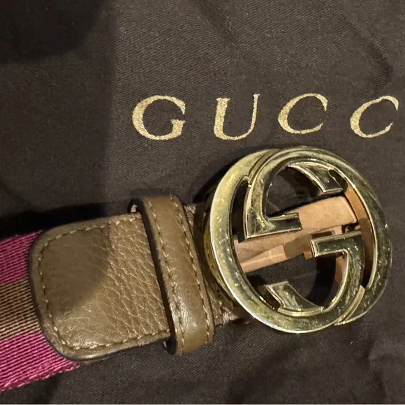 Gucci Fuchsia&Brown Web Belt w/Gold Interlocking G Size 80/32 (pre-owned auth.) $_57.JPG?set_id=880000500F main image 2